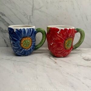 Blue and Red Floral Ceramic Mugs - Set of 2
